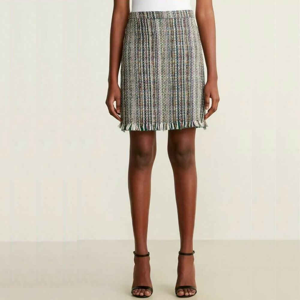 Anthropologie Chelsea & Theodore Multicolor Tweed Fringe Hem Pencil Skirt Size 4